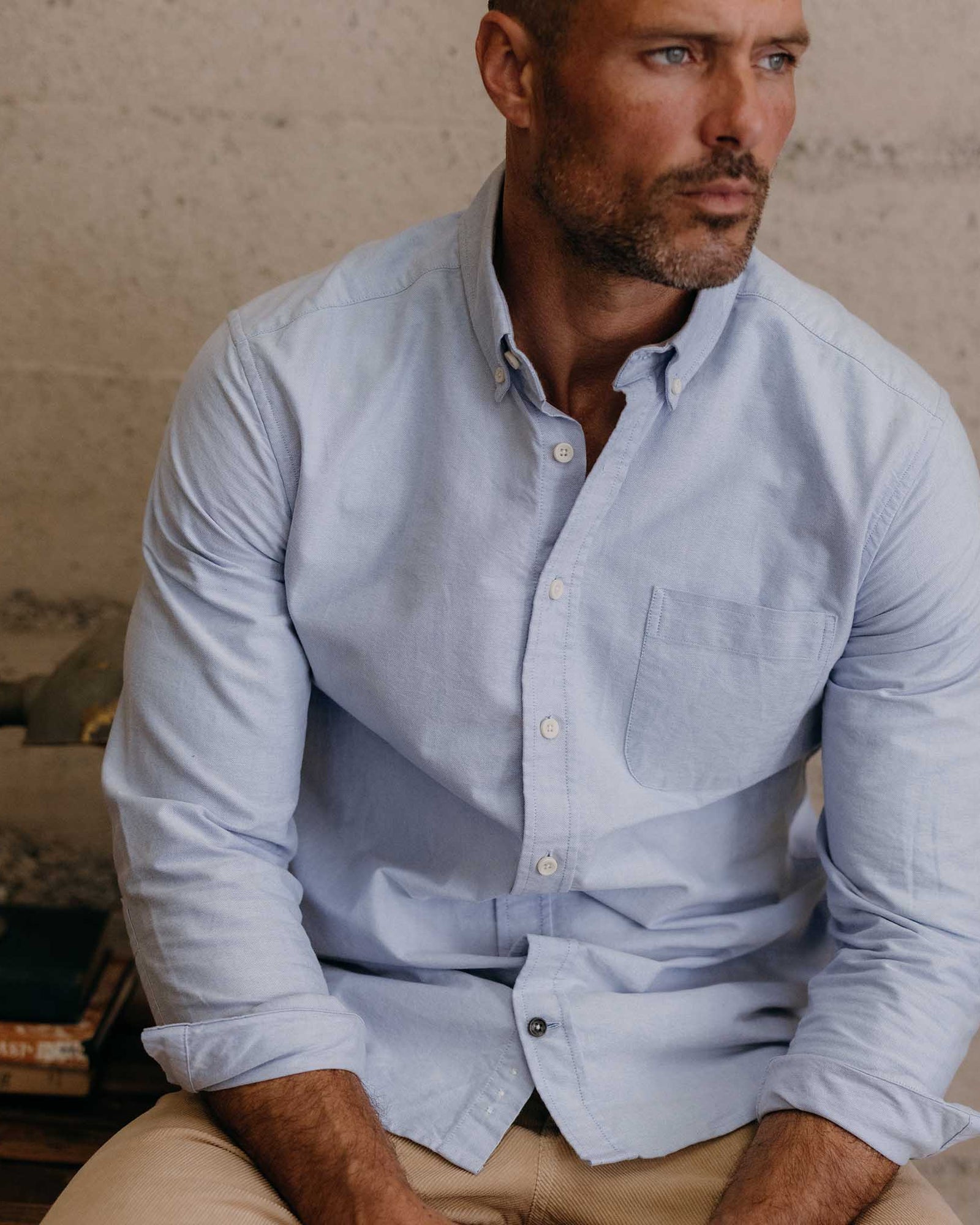 Oxford workshirt button‑down collar and chest pocket detail in sky blue